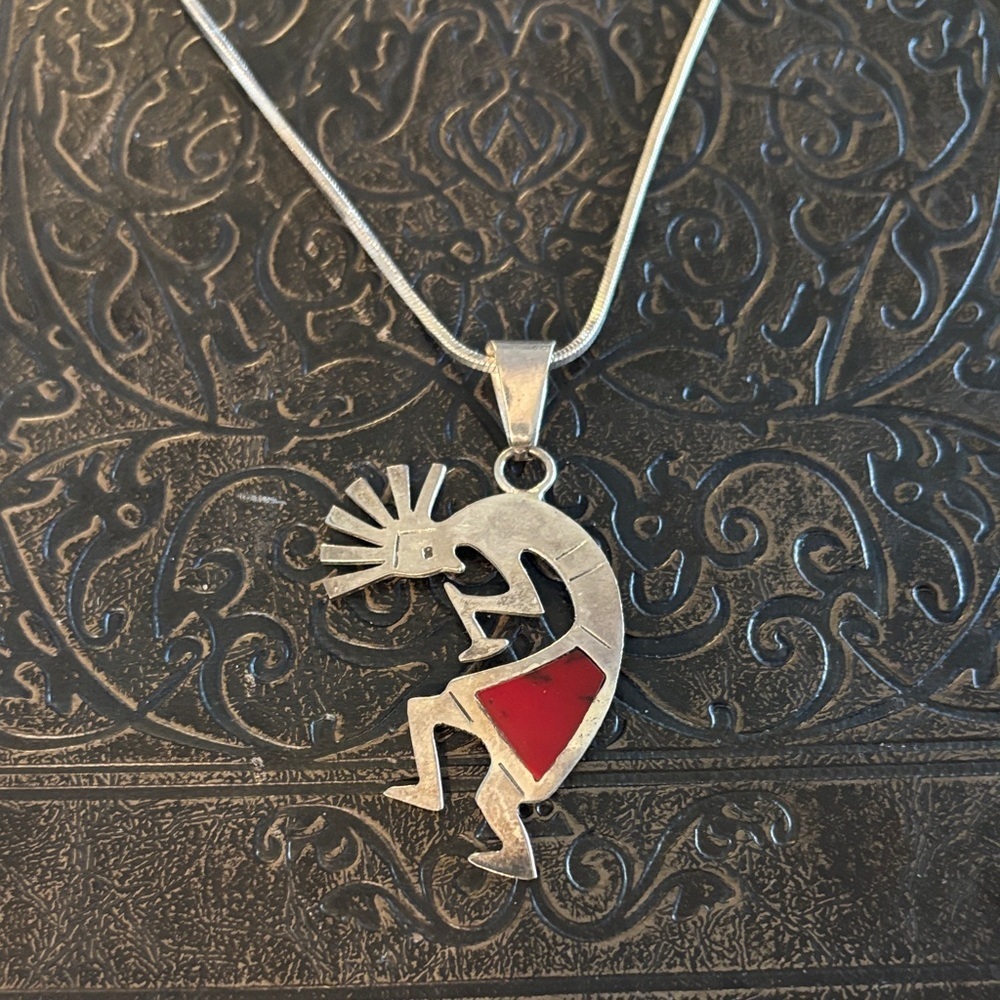 Vintage Mexican Sterling Silver Kokopelli Pendant – Southwestern Red Inlay